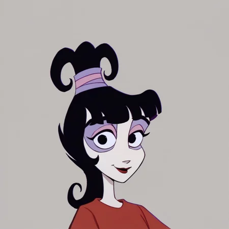 score_9, score_8_up, score_7_up BREAK LydiaDeetz, 1girl, black hair, blunt bangs, black eyes, ponytail, purple pink ponytail scrunchie, red lipstick, pink eyelids, purple eyeshadow, red poncho, smiling at viewer,