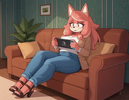 <lora:Conductors_Wife_Sonic:1> cndctr's_wf, 1girl, furry female, mature female, solo, casual clothing, brown blazer, white shirt, denim jeans, block heels, playing videogame, holding nintendo switch, on couch, detailed background, digital media \(artwork\), highres, high quality, masterpiece, absurdres, newest, perfect quality, best quality, absolutely eye-catching