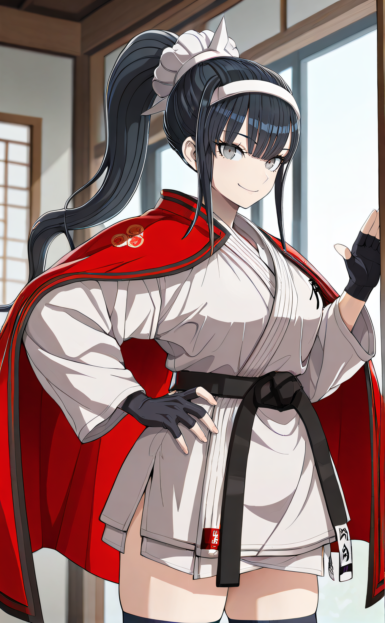masterpiece, best quality, highres, newest, 1girl, solo, official style, artist cg, <lora:IL_Magadori_Kiyoshika:1>, kiyoshika, black hair, ponytail, grey eyes, red cape, headdress, black fingerless gloves, black belt, dougi, sheat, black thighhighs, looking at viewer, smile, indoor, cowboy shot, hand on hip, five fingers