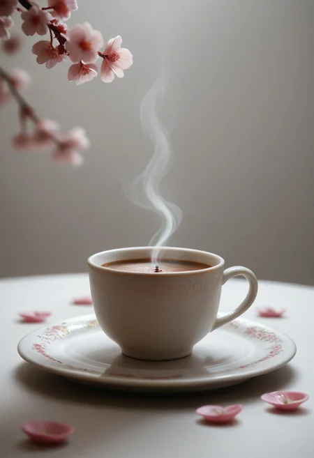 Score_PnyReal C4M3R403, no humans, food focus, still life, cup, food, english text, tea, cherry blossoms, teacup, saucer, gradient, gradient background, simple background, drink, petals, white background, coffee, flower, realistic, grainy, film photography