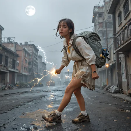 score_9,score_8_up,score_7_up, face, eyes, shiny oild skin, looking at viewer, orgasm face, sweat, 
1girl,backpack,full body, tan skin,torn clothes,abandoned city, (holding  lightning bolt symbol:1.4), night, moon, 
 <lora:backpacking_pony:0.75>