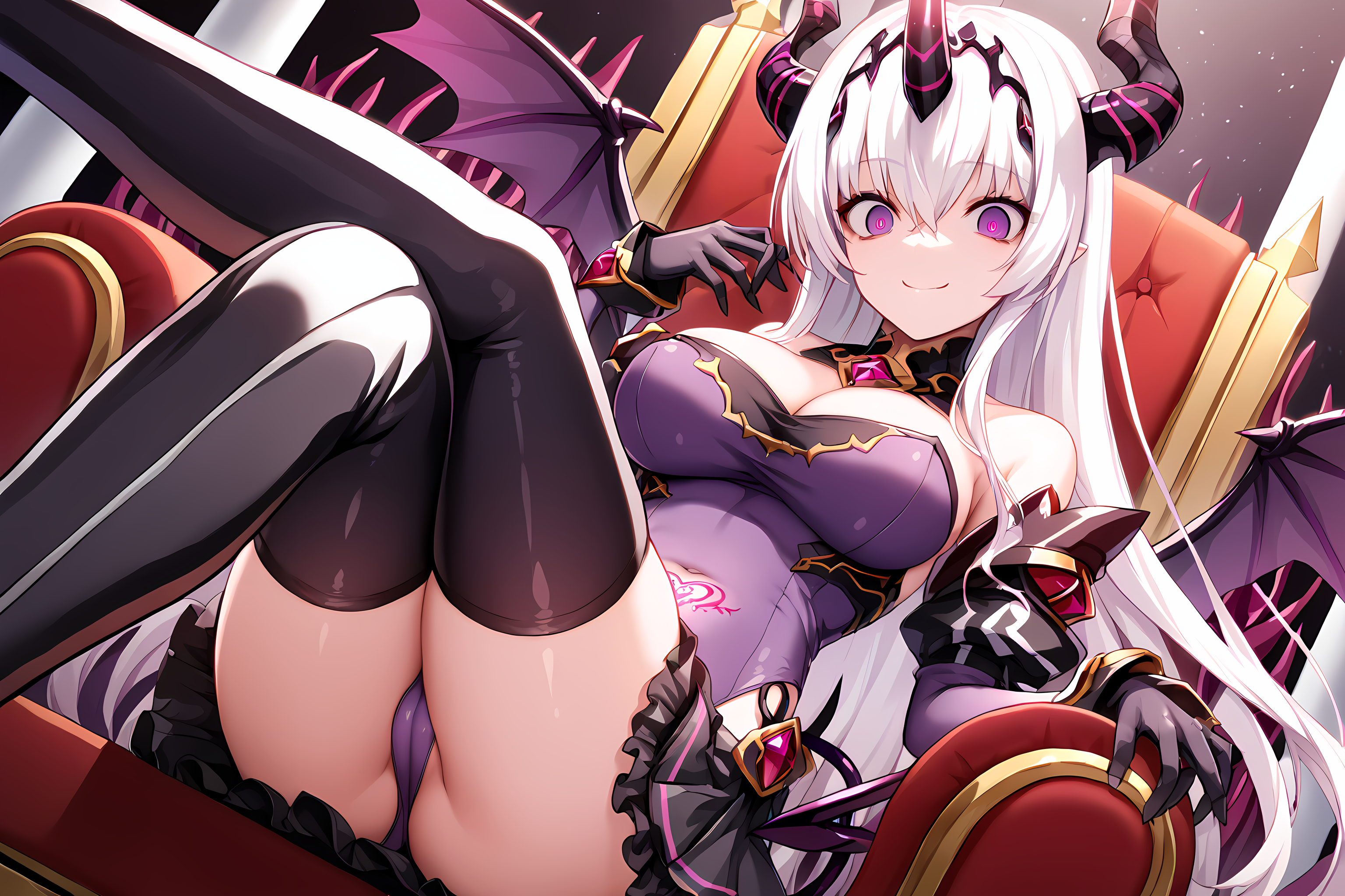 <lora:EXSTIA-Chevalier-000006:1>,(darkprincess:1.4),purple eyes,white hair,corruption,1girl,frilled skirt,breasts,solo,purple leotard,black leotard,purple skirt,black skirt,frills,horns,long hair,thighhighs,tail,wings,dark persona,looking at viewer,red eyes,cleavage,tattoo,white background,boots,bare shoulders,large breasts,corruption,thigh boots,hair between eyes,ass visible through thighs,smile,covered navel,simple background,bangs,highleg leotard,pubic tattoo,crazy eyes,pubic tattoo through clothing,pubic tattoo,close-up,sitting,throne,castle,horror \(theme\),crossed legs, panty peek,, score_9, score_8_up, score_7_up,source_anime,(masterpiece),(best quality),(ultra-detailed),(best illustration),(best shadow),(absurdres),(detailed background),(very aesthetic),