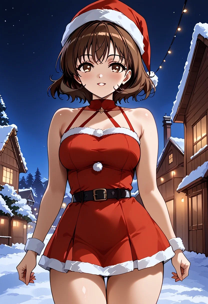 Yumi Omura, solo, pale skin, brown reyes, brown hair, medium hair, medium breasts, santa suit, dress, short dress, red dress, black belt, santa hat, cropped fur, thighs, bare shoulders, christmas theme, outdoors, snow, lights, decorations