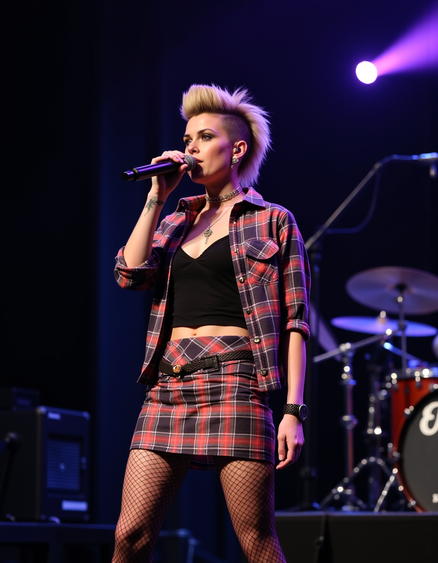 <lora:lora:1> punxgsv2, a beautiful punk woman, plaid shirt, plaid skirt, black top, mohawk hair, in a concert