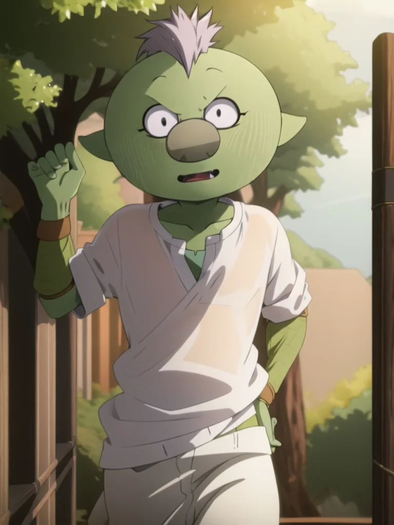 (masterpiece:1.4),(best quality:1.4),(shiny skin),realistic, Gobuta, a cartoon character with a green face and a white shirt, blushing, purple mohawk, <lora:gobuta-000013:1>