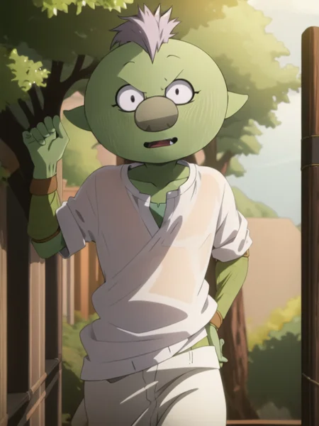 (masterpiece:1.4),(best quality:1.4),(shiny skin),realistic, Gobuta, a cartoon character with a green face and a white shirt, blushing, purple mohawk, <lora:gobuta-000013:1>