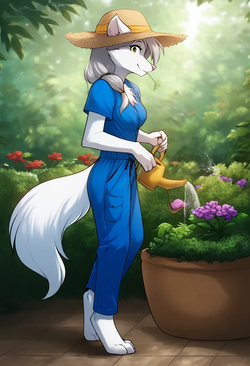 score_9, score_8_up, score_7_up, score_6_up, source_furry, rating_explicit, solo, solo focus, female, 1girl, medium breasts, Standing, garden jumpsuit, the straw hat, white garden T-shirt, cute expression, looking at viewer, flower garden, Holding a watering can, watering the flowers, raine-twokinds, white fur, detailed, perfect hands, five fingers, full body, side view, side side
