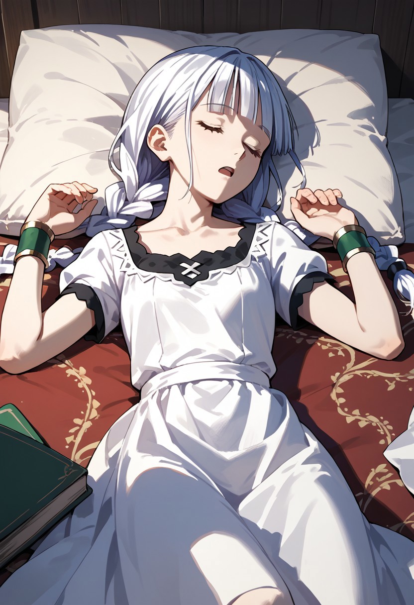 score_9,score_8_up,score_7_up,source_anime,Atla Fayon,1girl,solo,open mouth,dress,jewelry,collarbone,closed eyes,braid,short sleeves,lying,blunt bangs,white dress,bracelet,twin braids,on side,sleeping,wristband,