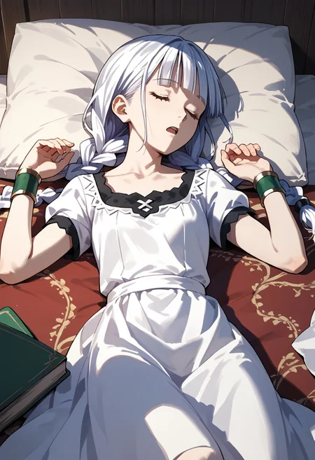 score_9,score_8_up,score_7_up,source_anime,Atla Fayon,1girl,solo,open mouth,dress,jewelry,collarbone,closed eyes,braid,short sleeves,lying,blunt bangs,white dress,bracelet,twin braids,on side,sleeping,wristband,