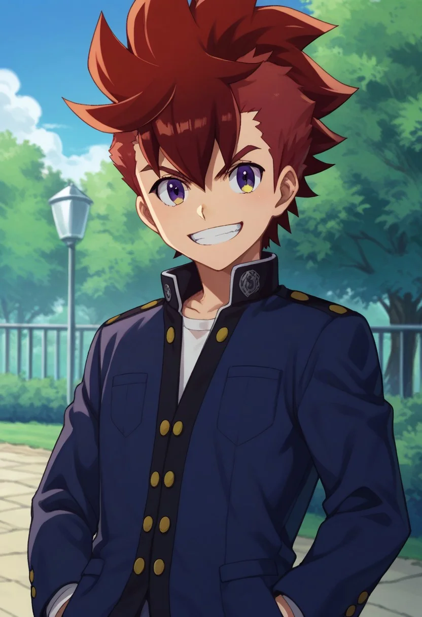 score_9, score_8_up, score_7_up, source_anime, highly detailed,
rekka, 1boy, male focus, solo, red hair, purple eyes, yellow eyes, looking at viewer, spiked hair, school uniform, gakuran, hand in pocket, upper body, grin,
outdoor, sky, tree