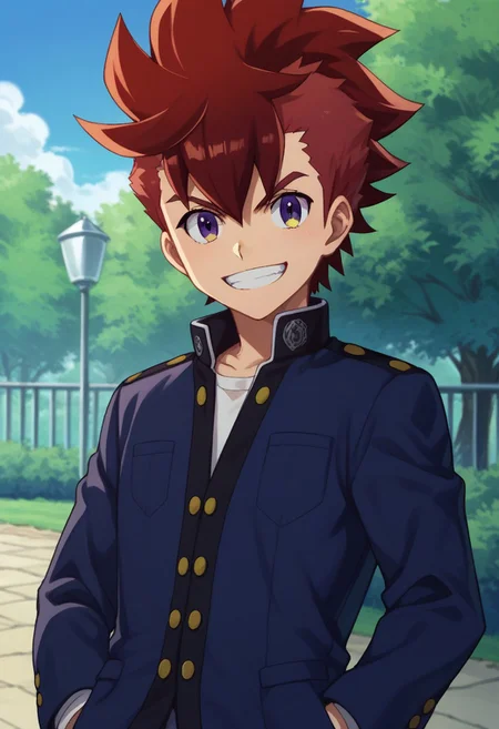 score_9, score_8_up, score_7_up, source_anime, highly detailed,
rekka, 1boy, male focus, solo, red hair, purple eyes, yellow eyes, looking at viewer, spiked hair, school uniform, gakuran, hand in pocket, upper body, grin,
outdoor, sky, tree