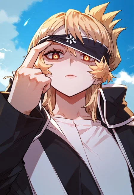 zPDXL3, score_9_up, score_8_up, score_7_up, (Anime_source), 1girl, HanaBaek, brown eyes, blonde hair, long hair, folded ponytail, (Hana clothes), blindfold lift, blindfold, hand up, covering one eye, upper body, glowing eyes, from below, serious