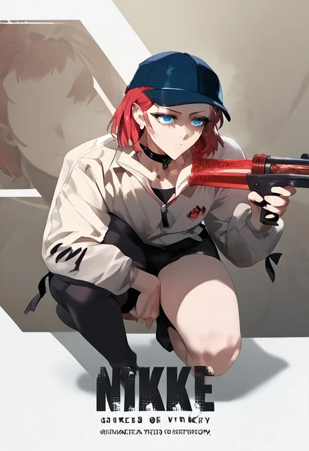 zPDXL2, score_9_up, score_8_up, score_7_up, (Anime_source), high detail face, best quality, absurd res, 1girl, IncrsNikkeProfile, full body, zoom layer, on one knee, holding weapon, holding shotgun, Yeong-Ju, blue eyes, red hair, short hair, Yeong clothes, earrings, cap, looking aside