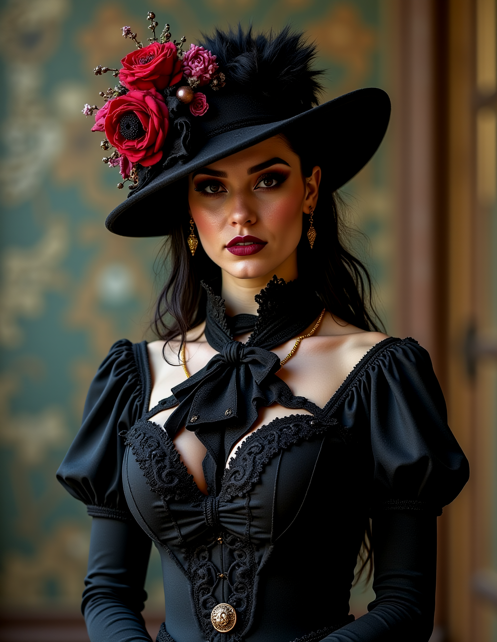 Masterpiece, woman with big boobs in gothic dress, flower hat, <lora:flower-power-000004:1.0>