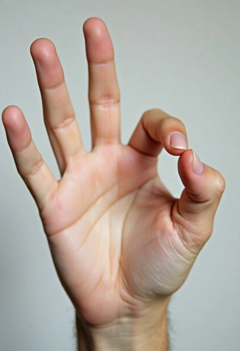 An upside-down photograph of a hand doing the OK sign, where the thumb and index finger are touching, and then the remaining fingers are straight out.