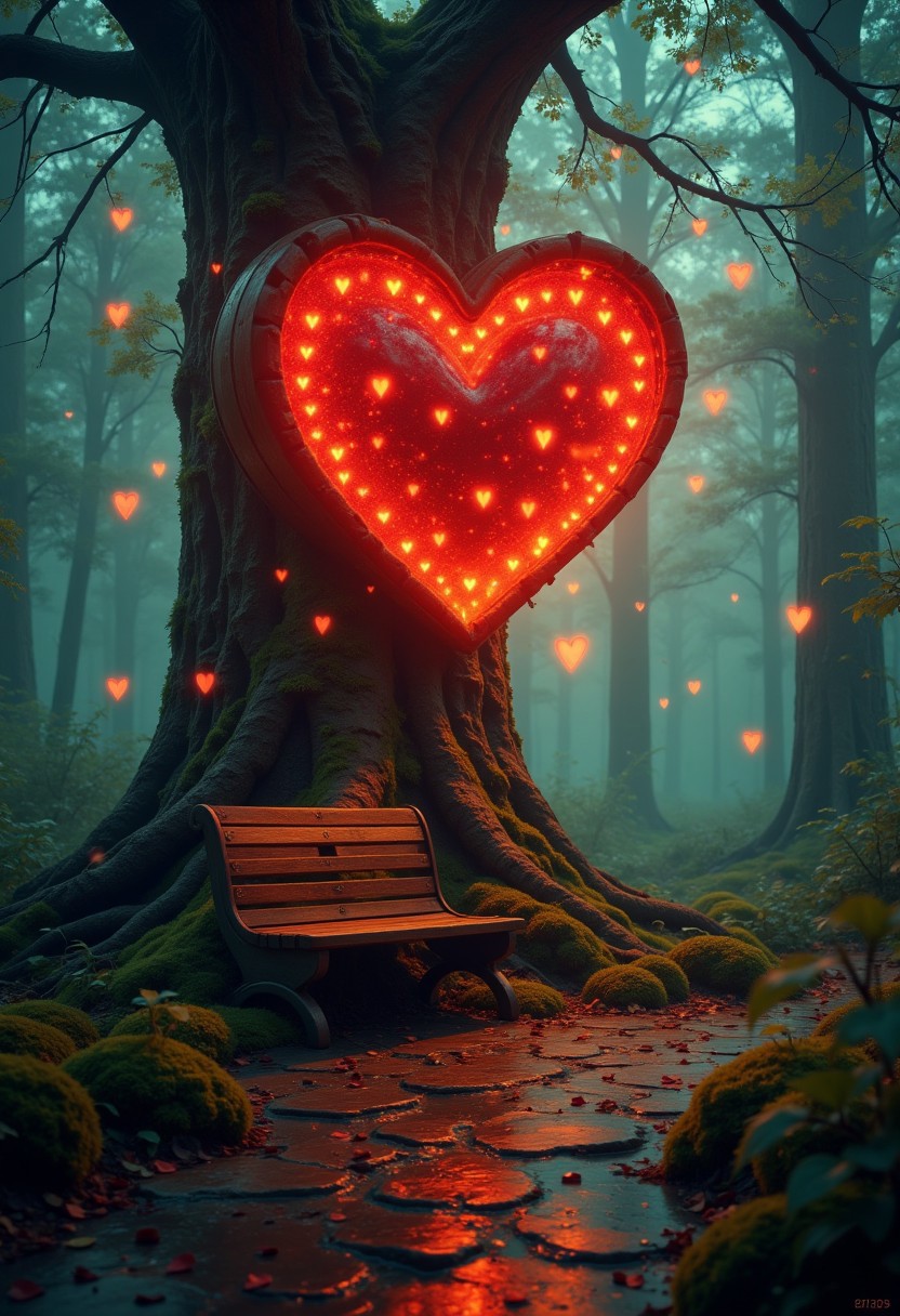a magical, enchanting scene in a forest. The central focus is a large, ancient tree with a heart-shaped cluster of glowing red hearts embedded in its trunk, radiating a warm, golden light. The tree's bark is textured and gnarled, adding to its mystical appearance. Surrounding the tree are smaller, floating red hearts, creating a whimsical atmosphere. In the foreground, a wooden bench sits on a stone path, partially illuminated by the tree's glow. The background features a dense forest with tall trees and a misty ambiance, enhancing the ethereal quality of the scene. The overall color palette is a mix of deep greens, browns, and the vibrant reds and golds of the hearts, creating a harmonious and captivating visual experience. aidmaLOVEboost