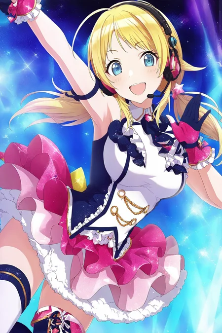 <lora:HachimiyaMeguru:0.8>, Hachimiya Meguru, blonde hair, blue eyes, long hair, ahoge, hair flaps, 1girl, solo, headset, smile, gloves, open mouth, skirt, thighhighs, looking at viewer, frills, boots, headphones, asymmetrical legwear
