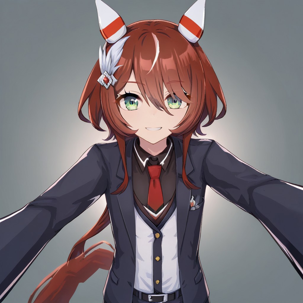 (win variation \(umamusume\),solo,  kabedon, smal breast, flat chest,evil smile,(black business suit), horse ear, horse tail , looking at viewer , ikemen , tomboy, red necktie ,