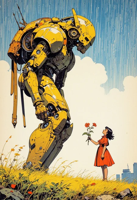 A girl under rain, micro art, girl standing in the rain field, autumn rain, she is happy, simple background, simple lines, a lot of white space, upward view, girl presenting a flower to a huge retro style robot, strong visual impact in the style of 1960s