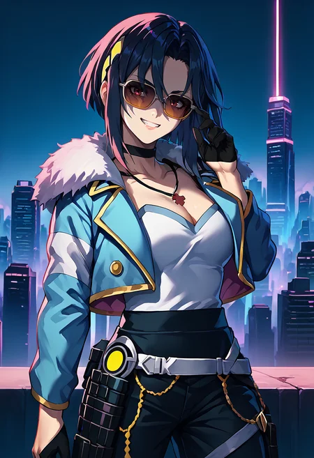 score_9, score_8_up, score_7_up, source_anime, 1girl, solo, looking at you, grin, sunglasses, covered eyes, leaning back, holster, BREAK <lora:NelFE-pdxl:0.95> casNel, short hair, hair between eyes, jewelry, necklace, cleavage, large breasts, black gloves, black choker, black pants, blue jacket, cropped jacket, long sleeves, fur-trimmed jacket, half gloves, cityscape, cyberpunk, <lora:RetroWave_PonyXL:1.35> retrowave