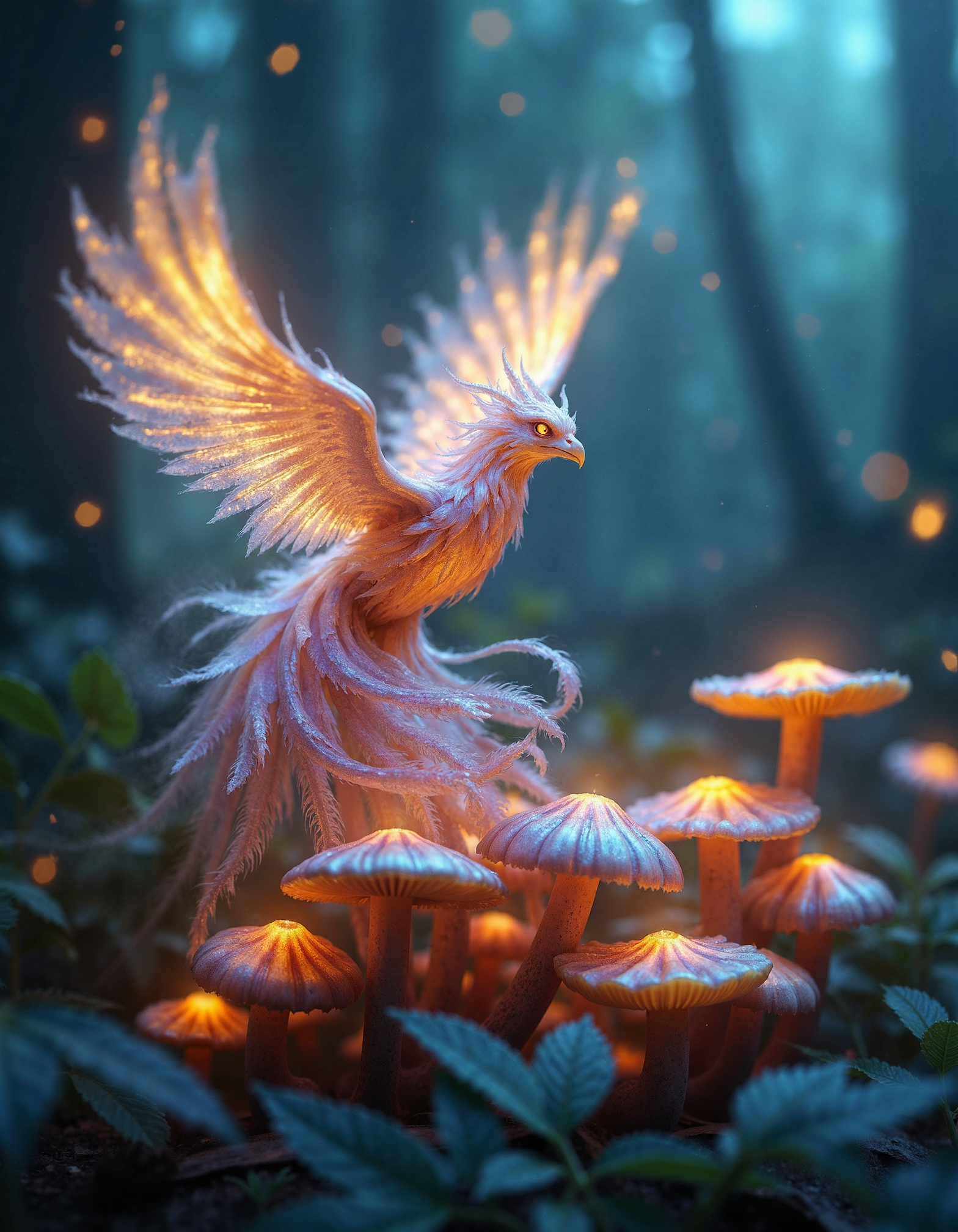 zavy-ghst, Extreme macro close-up from a low angle, a translucent phoenix ghost with shimmering iridescent feathers and a blaze of ethereal flames flickering off its wings, gently hovering over a bed of glowing bioluminescent mushrooms, an enchanted forest shrouded in twilight mist, dreamy soft focus with a surrealistic touch, vibrant hues of teal and gold accentuated by hints of shimmering lavender.