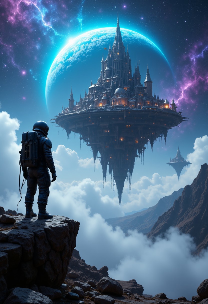 a futuristic, science fiction scene. The layout features a lone astronaut in a black space suit standing on a rocky outcrop, gazing at a massive, floating city in the sky. The city is intricately designed with spires and towers, illuminated by various lights, and appears to be suspended above a layer of clouds. In the background, a large, luminous planet with a blue hue dominates the sky, surrounded by vibrant nebulae and stars, creating a cosmic atmosphere. The overall color palette includes deep blues, purples, and earthy tones, enhancing the otherworldly feel of the scene.
