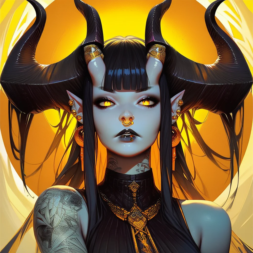 score_9, score_8_up, score_7_up, score_6_up, c0l0r1f1c4t10ny3ll0w,ColorificationYellow,Colorification Yellow, 1girl, solo, long hair, breasts, looking at viewer, bangs, black hair, bare shoulders, jewelry, yellow eyes, upper body, earrings, parted lips, horns, sleeveless, pointy ears, blunt bangs, lips, tattoo, makeup, glowing, colored skin, piercing, moon, demon girl, lipstick, demon horns, ear piercing, yellow background, eyeshadow, nose, arm tattoo, shoulder tattoo, black horns, black lips, nose piercing, lip piercing