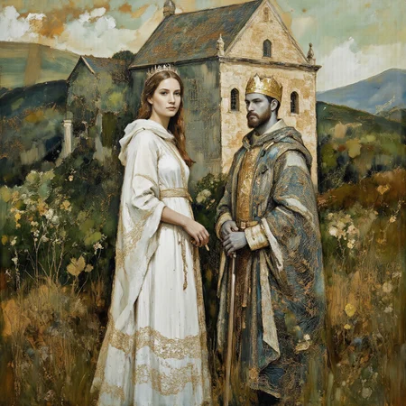 Cubism realistic photo of intricate illuminated queen and king approaching a Mediterranean rural church, (silver-tinted:0.5), very detailed, ethereal white and lime-green and bronze palette. The scene is both serene and ominous. <lora:white1:0.4> <lora:AmeshinART_Dream:0.4> <lora:Midjourney_Whisper_AgateX_v1:0.5> <lora:Eldritch_Paint_Sketch_for_Flux_1.0.5:0.6>