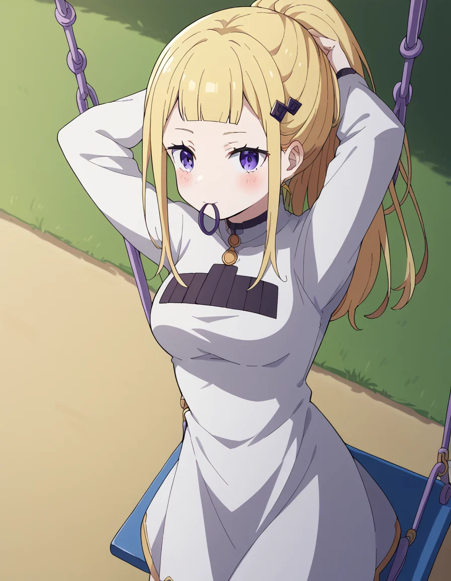score_9, score_8_up, score_7_up, source_anime, <lora:rezero-sylphy-s3-p1-ponyxl-lora-nochekaiser:1>, sylphy, long hair, bangs, purple eyes, blonde hair, hair ornament, blunt bangs, medium breasts,, long sleeves, dress, white dress,, public park, playground, swing set, laughter, sunny day, , <lora:hair-tie-in-mouth-ponyxl-lora-nochekaiser:1>, hair tie in mouth, hair tie, mouth hold, rubber band, blush, tying hair, adjusting hair, hands in hair, arms up, arms behind head, ponytail, hand in own hair, hair lift, cowboy shot, looking at viewer, looking at viewer, solo,, dutch angle, cowboy shot