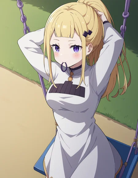 score_9, score_8_up, score_7_up, source_anime, <lora:rezero-sylphy-s3-p1-ponyxl-lora-nochekaiser:1>, sylphy, long hair, bangs, purple eyes, blonde hair, hair ornament, blunt bangs, medium breasts,, long sleeves, dress, white dress,, public park, playground, swing set, laughter, sunny day, , <lora:hair-tie-in-mouth-ponyxl-lora-nochekaiser:1>, hair tie in mouth, hair tie, mouth hold, rubber band, blush, tying hair, adjusting hair, hands in hair, arms up, arms behind head, ponytail, hand in own hair, hair lift, cowboy shot, looking at viewer, looking at viewer, solo,, dutch angle, cowboy shot