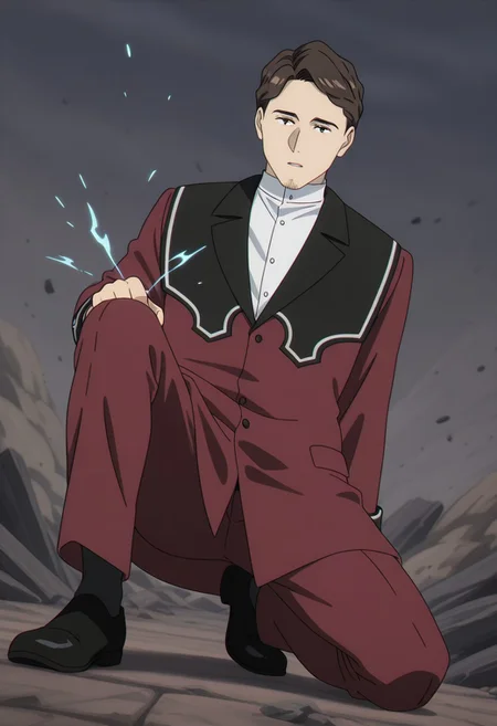 perfect anatomy, perfect proportions, best quality, masterpiece, high_resolution, high quality, best aesthetic, incredibly absurdres, highres, extremely detailed, huge filesize, solo male, adult, mature, masculine, manly, handsome, charming, alluring, standing, upper body, dutch angle, cowboy shot, perfect face, source_anime \(Frieren: Beyond Journey's End\), anime coloring \(Frieren: Beyond Journey's End\), Richter\(Frieren: Beyond Journey's End\), FRRRichter, dark brown hair, short hair, facial hair, stubble, brown eyes, FRRRichter_outfit,white collared shirt, tunic collared shirt, stand collar shirt, red brown coat, red/black coat, red brown pants, black footwear, electrokinesis, fighting stance, one knee, knee up, earthquake, debris, earth fissure