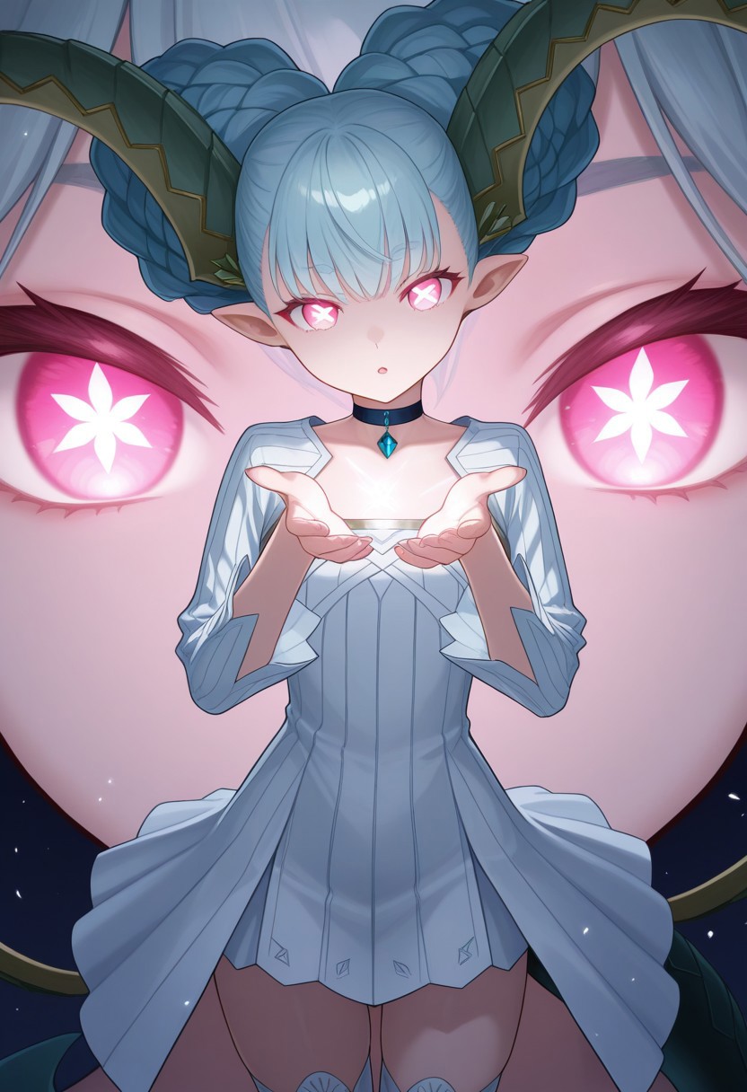 horns, pointy ears, blue hair, symbol-shaped pupils, pink eyes, double bun, braid, choker, short dress, white dress, long sleeves, thighhighs, tail
(Close-up:1.2, (zooming in:1.4)) glowing eyes,
masterpiece,8k,uncensored,(highres:1.3),high resolution, unity 8k wallpaper, detailed face, detailed CG, (perfect hands, perfect anatomy), (high quality, best quality)
