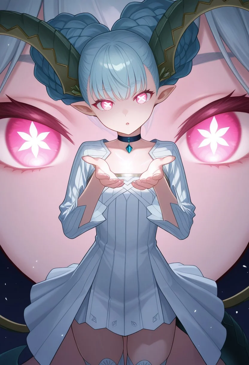 horns, pointy ears, blue hair, symbol-shaped pupils, pink eyes, double bun, braid, choker, short dress, white dress, long sleeves, thighhighs, tail
(Close-up:1.2, (zooming in:1.4)) glowing eyes,
masterpiece,8k,uncensored,(highres:1.3),high resolution, unity 8k wallpaper, detailed face, detailed CG, (perfect hands, perfect anatomy), (high quality, best quality)