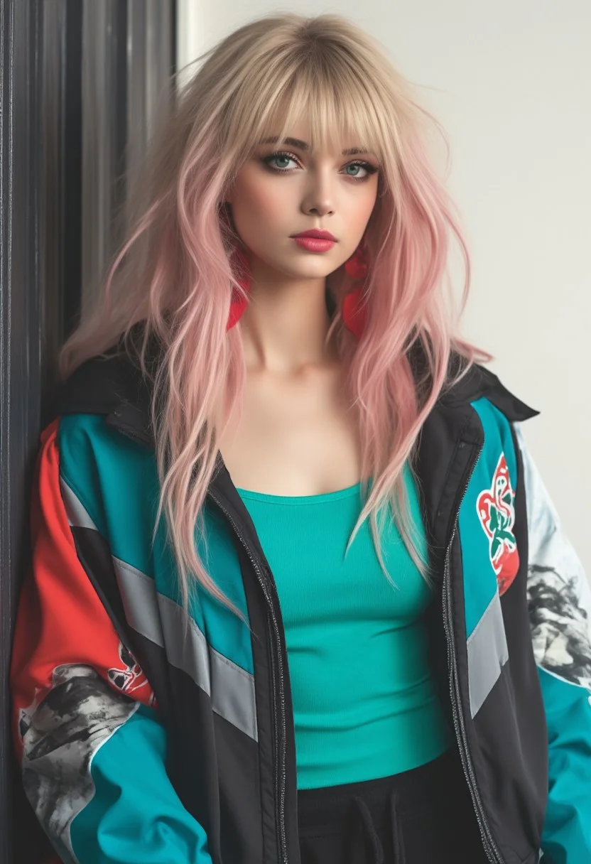 ne0flux, close up of Mizuki, aqua eyes, long blond hair with pink highlights , red earring, aqua tank top, aqua jacket, black short