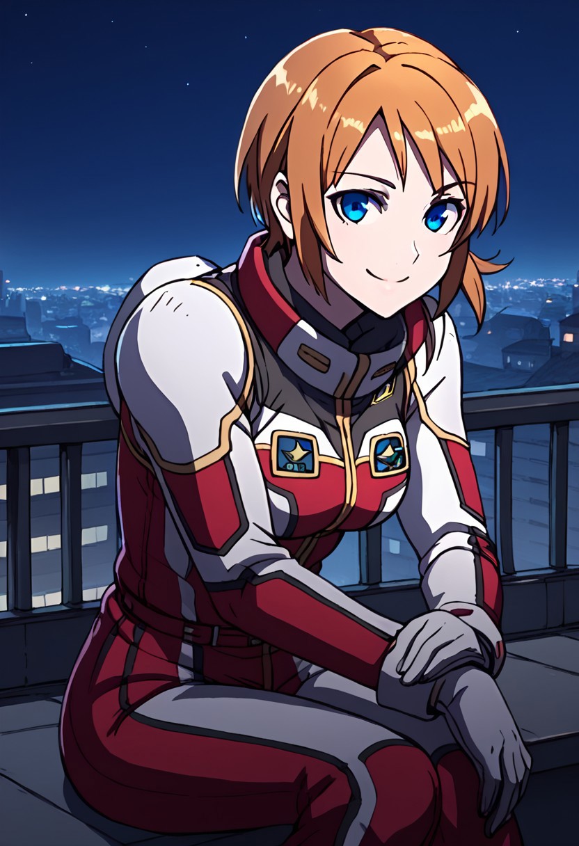 score_9, score_8_up, score_7_up,city view, 1 female,night view, moonlight,somers, female, brown hair, blue eyes, hair with band,open-collor pilotsuit,gloves,sitting,smile