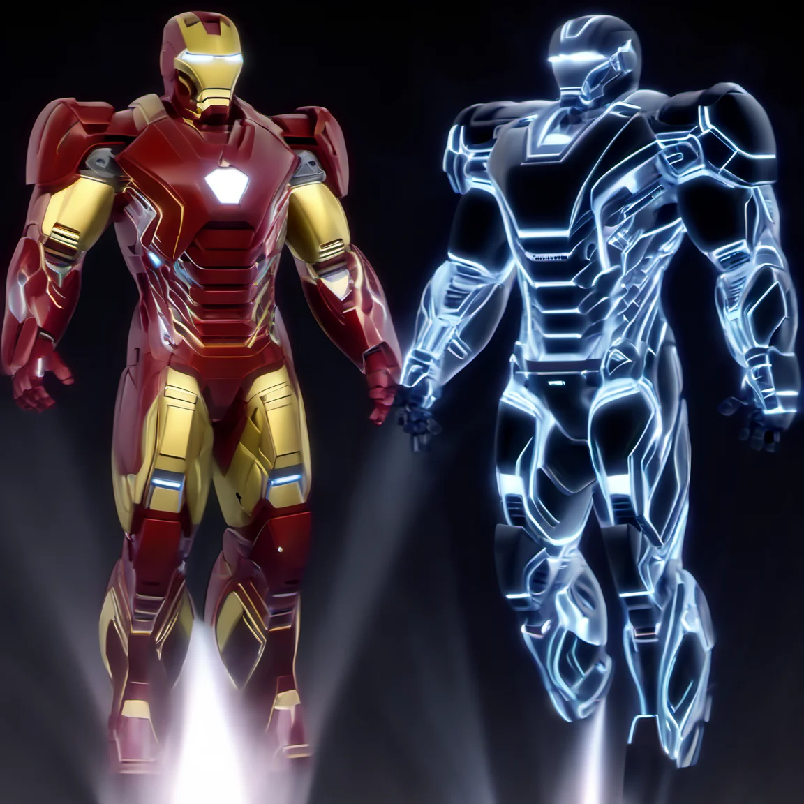 (hologrameffect:1.2), ironman suit with their weapons, <lora:hologram_effect:1>