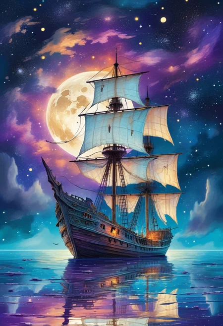 (a drawing of a ghost ship in a stylized design, torn white sails:1.3), (Ocean, still water, water reflection, reflective water, night sky, moon, stars, galaxy), (purple theme:1.4, extremely detailed, high detail, hires textures, incredibly detailed, intricate details, masterpiece, colorful comic, murals)