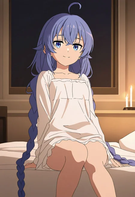 masterpiece, best quality, newest, absurdres, highres, detailed eyes, beautiful, detailed background, perfect eyes, anime coloring, 1girl, solo, petite, roxy migurdia, blue hair, long hair, twin braids, hair between eyes, ahoge, blue eyes, small breasts, RoxyNightA, pajamas, nightgown, white dress, long sleeves, barefeet, looking at viewer, smile, sitting on bed, (indoors, bedroom, window, nighttime, [[candlelight]], soft light), <lora:roxy_mskt_xl:0.8>