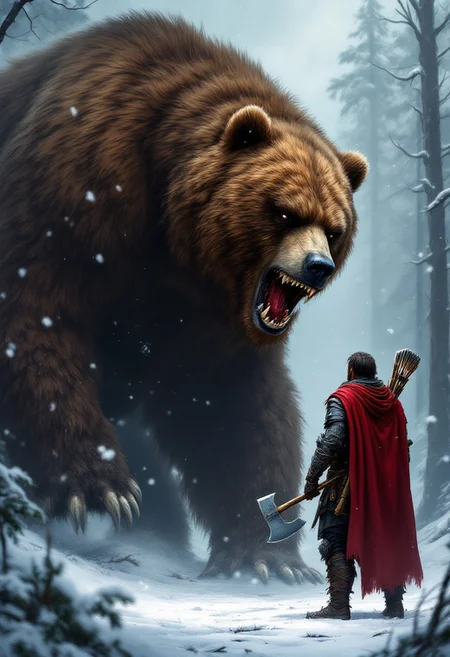 Image is a digital artwork depicting a dramatic scene in a snowy forest. The layout is dynamic, with a massive, realistic bear dominating the left side of the frame. The bear has a thick, shaggy brown coat, sharp claws, and an open mouth displaying large teeth, conveying a sense of power and aggression. On the right, a human figure stands facing the bear, holding an axe in one hand and a bow slung over their back. The person is dressed in a warrior-like outfit with a red cape and armor, suggesting a fantasy or mythological theme. Snowflakes are visible in the air, adding to the cold, tense atmosphere. The lighting is dramatic, with shadows and highlights emphasizing the textures of the bear's fur and the warrior's attire.