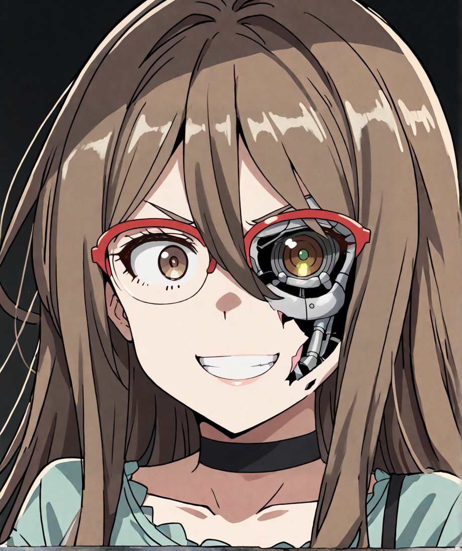 score_9,score_8_up,score_7_up,score_6_up,score_5_up,score_4_up,source_anime,best quality,masterpiece,
<lora:half_cyborg_face_pony_v1:1>,half_cyborg_face,android,mechanical parts,damaged,cyborg,heterochromia,artificial eye,mechanical eye,science fiction,
1girl,solo,
<lora:Mizuki_Nakahara:0.8>,nakahara mizuki,
brown hair,long hair,hair between eyes,sidelocks,red-framed eyewear,brown eyes,choker,
green shirt,short sleeves,frilled sleeves end,black camisole,frilled camisole,
simple background,black background,looking at viewer,smile,smirk,shaded face,constricted_pupils,front view,upper body,