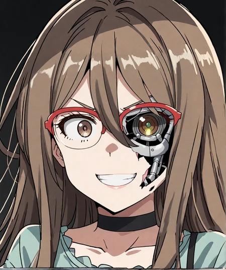 score_9,score_8_up,score_7_up,score_6_up,score_5_up,score_4_up,source_anime,best quality,masterpiece,
<lora:half_cyborg_face_pony_v1:1>,half_cyborg_face,android,mechanical parts,damaged,cyborg,heterochromia,artificial eye,mechanical eye,science fiction,
1girl,solo,
<lora:Mizuki_Nakahara:0.8>,nakahara mizuki,
brown hair,long hair,hair between eyes,sidelocks,red-framed eyewear,brown eyes,choker,
green shirt,short sleeves,frilled sleeves end,black camisole,frilled camisole,
simple background,black background,looking at viewer,smile,smirk,shaded face,constricted_pupils,front view,upper body,