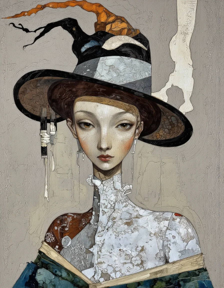 Kate Morgan Art. A human form with a faceless, elongated head. The head is adorned with a large, ornate, and exaggerated hat with sweeping curves and a textured surface, giving it a three-dimensional appearance. The hat is predominantly black and gray, with hints of orange and blue. The figure's neck is adorned with intricate, white, floral patterns, adding a sense of elegance and mystery. The body of the figure is painted in a mix of muted earth tones and abstract patterns. The shoulders and upper body are depicted with broad, sweeping strokes in shades of brown and gray, while the lower body fades into a blend of blues and greens. The background is a muted, neutral color palette of grays and beige, allowing the figure to stand out prominently. The overall texture of the painting is rough and textured, with visible brushstrokes and a blend of mediums that create a sense of depth and dimensionality. The style is reminiscent of cubism, with angular shapes and abstract forms. The image evokes a sense of otherworldliness and mystery, with a focus on the interplay of light and shadow.