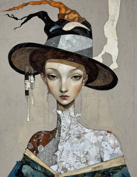 Kate Morgan Art. A human form with a faceless, elongated head. The head is adorned with a large, ornate, and exaggerated hat with sweeping curves and a textured surface, giving it a three-dimensional appearance. The hat is predominantly black and gray, with hints of orange and blue. The figure's neck is adorned with intricate, white, floral patterns, adding a sense of elegance and mystery. The body of the figure is painted in a mix of muted earth tones and abstract patterns. The shoulders and upper body are depicted with broad, sweeping strokes in shades of brown and gray, while the lower body fades into a blend of blues and greens. The background is a muted, neutral color palette of grays and beige, allowing the figure to stand out prominently. The overall texture of the painting is rough and textured, with visible brushstrokes and a blend of mediums that create a sense of depth and dimensionality. The style is reminiscent of cubism, with angular shapes and abstract forms. The image evokes a sense of otherworldliness and mystery, with a focus on the interplay of light and shadow.