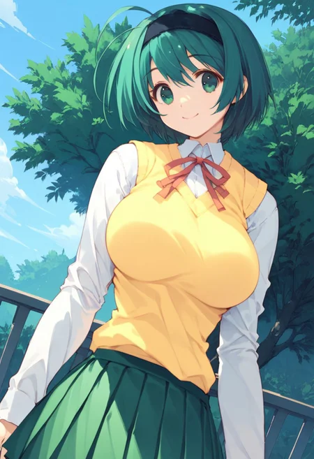 score_9, score_8_up, score_7_up, 1girl, solo, Chie Yoshioka, green hair, black headband, short hair, blue-green eyes, ahoge, large breasts, smiling, sweater vest, long sleeves, green pleated skirt, outdoors, dutch angle, cowboy shot