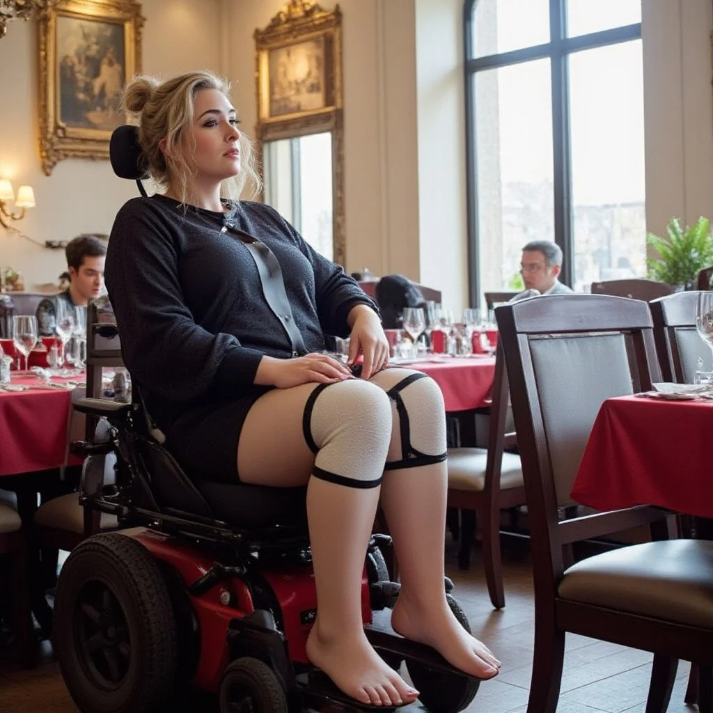 full frame illustration, perfection, 4k , Analog photography, kodak portra 100, low grade, interior shot, an attractive woman seating in a powered wheelchair, with a casted leg, thick straps cover her leg from upper thigh to foot, and one arm sarmamp.
cosy french restaurant background, daylight light, 1980' mood, fluffy white angora sweater, straight immobilized leg and disability. Smooth and cosy lightening.