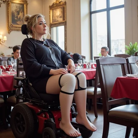 full frame illustration, perfection, 4k , Analog photography, kodak portra 100, low grade, interior shot, an attractive woman seating in a powered wheelchair, with a casted leg, thick straps cover her leg from upper thigh to foot, and one arm sarmamp.
cosy french restaurant background, daylight light, 1980' mood, fluffy white angora sweater, straight immobilized leg and disability. Smooth and cosy lightening.