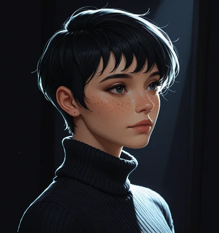 portrait of a woman, short black hair in a pixie cut, dark background, directional lighting, freckles, turtleneck sweater
,lineless digital painting
,masterpiece, best quality, <lora:Lineless_Digital_Painting_Style:1>âââ