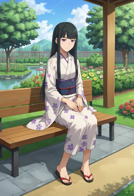 score_9,score_8_up,score_7_up,score_6_up,score_5_up,score_4_up,anime coloring BREAK source_anime,anime,<lora:Mina_Hazuki_Darker_than_Black_Pony:0.8>,hazuki,1girl,solo,purple eyes,black hair,long hair,barefoot,sitting,<lora:0712 kimono_v1_pony:0.6>,ruanyi0712,floral print,white kimono,obijime,sandals,tabi,wide sleeves,garden,bench,japanese,