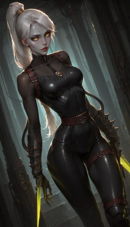 masterpiece, best quality, good quality, newest, highres, absurdres, volumetric lighting,gradient color, BREAK raytracing, volumetric lighting, ambient occlusion, , masterpiece, best quality,  masterpiece,amazing quality,best quality,ultra-detailed,8K,illustration,CG,shiny hair,clear skin,ultra-detailed-eyes,background, eyelashes BREAK, (hypersexual,  highly detailed features, sexualized:1.1), ,
girl, white hair, ponytail, porcelan white skin, yellow eyes, horizontal pupils, ,
<lora:Detailer_NoobAI_Incrs_v1:1> detailed, <lora:illustriousXL_stabilizer_v1.23 ill-helper:0.15>
<lora:Sakimichan_Illustrious:0.4> sk1m1ill, ,<lora:Incase_Style_r1:0.8>,<lora:MoriiMee_Gothic_Niji_Style_Illustrious_r1:0.4> artist:moriimee,
dutch angle, 
Callidus assassin, black bodysuit, wrist blade, <lora:callidus_ill:1>