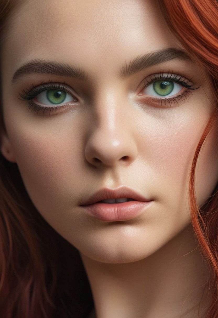 (flawless), score_9, score_8_up, 1woman,dynamic pose, hyper-realistic ((half-face close-up)) of a beautiful woman's eye, focus on eye,((overall round face structure)), ((intense, ultra-realistic beautiful pale green eye)), ((hair strands falling over one eye)), sharp delicate features of her face are framed by long, wavy red hair, slightly tousled, real skin, dramatic side lighting, intricate shadows across her face, moody, piercing gaze, hauntingly beautiful, cinematic moment, (masterpiece:1.2),(Amazing quality), 8K, (high detail:1.4), (highres:1.4), (ultra detailed:1.4), embedding:detailxl, (phenomenal aesthetic),